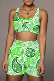 Green Sexy Print Split Joint Square Collar Sleeveless Two Pieces