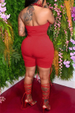 Red Sexy Solid Hollowed Out Backless Halter Skinny Romper