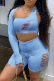 Blue Sexy Solid Split Joint One Shoulder Long Sleeve Two Pieces