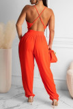 Tangerine Red Sexy Casual Solid Backless Spaghetti Strap Regular Jumpsuits