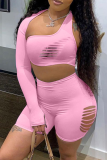 Pink Sexy Solid Patchwork One Shoulder Long Sleeve Two Pieces