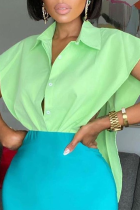 Fluorescent Green Sexy Solid Patchwork Turndown Collar Tops