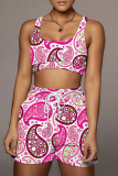 Tangerine Red Sexy Print Split Joint Square Collar Sleeveless Two Pieces