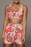 Tangerine Red Sexy Print Patchwork Square Collar Sleeveless Two Pieces