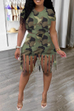 Green Fashion Casual Camouflage Print Tassel O Neck Short Sleeve Two Pieces