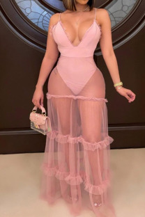 Pink Sexy Solid Split Joint See-through Mesh V Neck Mesh Dress Dresses
