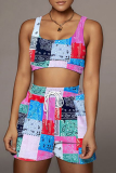 Blue Sexy Print Split Joint Square Collar Sleeveless Two Pieces