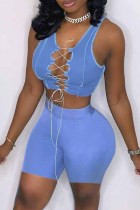 Blue Sexy Casual Solid Bandage Hollowed Out V Neck Sleeveless Two Pieces