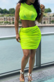 Fluorescent Green Fashion Sexy Solid See-through O Neck Sleeveless Two Pieces Cover-up