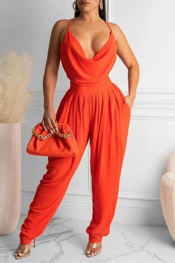 Tangerine Red Sexy Casual Solid Backless Spaghetti Strap Regular Jumpsuits