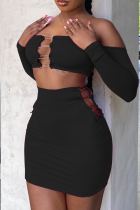 Black Sexy Solid Hollowed Out Off the Shoulder Long Sleeve Two Pieces