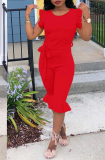 Tangerine Red Casual Solid Flounce O Neck Regular Jumpsuits
