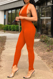 Orange Sexy Casual Solid Backless Halter Skinny Jumpsuits