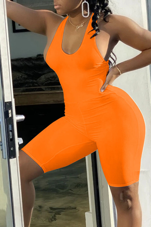 Orange Sexy Solid Patchwork Backless Cross Straps U Neck Skinny Jumpsuits