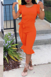 Tangerine Red Casual Solid Flounce O Neck Regular Jumpsuits