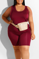 Burgundy Casual Solid Basic U Neck Plus Size Two Pieces