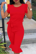 Red Casual Solid Flounce O Neck Regular Rompers