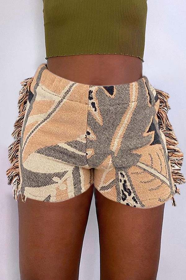 Khaki Casual Print Tassel Patchwork Straight Mid Waist Straight Full Print Bottoms