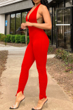 Orange Sexy Casual Solid Backless Halter Skinny Jumpsuits