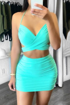 Cyan Fashion Sexy Solid Backless Halter Sleeveless Two Pieces