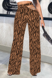 White Sexy Animal Print Print Hollowed Out Straight Mid Waist Speaker Full Print Bottoms