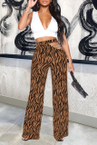 Coffee Sexy Animal Print Print Hollowed Out Straight Mid Waist Speaker Full Print Bottoms
