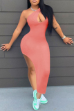 Pink Fashion Sexy Solid Hollowed Out Slit One Shoulder Sleeveless Dress Dresses