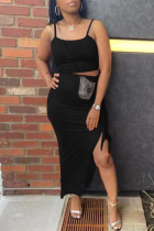 Black Sexy Casual Solid Slit Spaghetti Strap Sleeveless Two Pieces