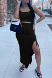 Black Sexy Casual Solid Slit Spaghetti Strap Sleeveless Two Pieces