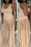 Beige Fashion Sexy Solid See-through U Neck Sleeveless Two Pieces Swimwears