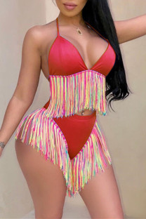 Red Euramerican Patchwork Tassel Fringed Milk Fiber Two-piece Swimwear