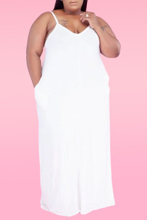 White Sexy Casual Plus Size Solid Backless Spaghetti Strap Sleeveless Dress