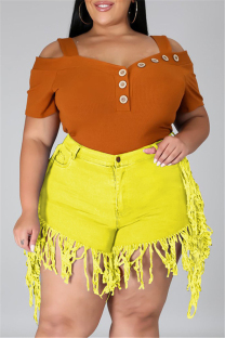 Yellow Fashion Casual Solid Tassel Plus Size Jeans