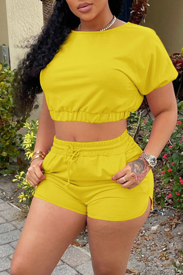 Yellow Casual Solid Split Joint O Neck Short Sleeve Two Pieces