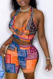 Tangerine Red Sexy Print Patchwork V Neck Sleeveless Two Pieces