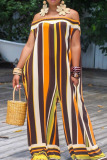 Tangerine Red Casual Striped Split Joint Off the Shoulder Loose Jumpsuits