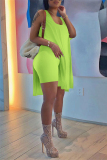 Fluorescent Green Fashion Casual Solid Slit U Neck Sleeveless Two Pieces