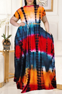 Orange Fashion Casual Print Basic O Neck Plus Size Two Pieces