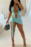 Blue Fashion Sexy Solid Hollowed Out Backless V Neck Sleeveless Two Pieces