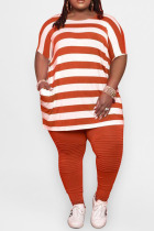 Tangerine Red Casual Striped Split Joint Pocket O Neck Plus Size Two Pieces