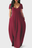Tangerine Red Casual Solid Patchwork Pocket V Neck Short Sleeve Dress Dresses