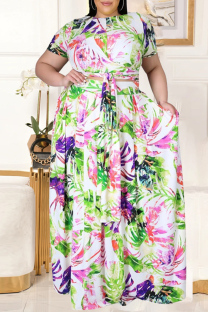 Green Fashion Casual Print Basic O Neck Plus Size Two Pieces