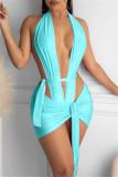 Blue Fashion Sexy Solid Hollowed Out Backless V Neck Sleeveless Two Pieces