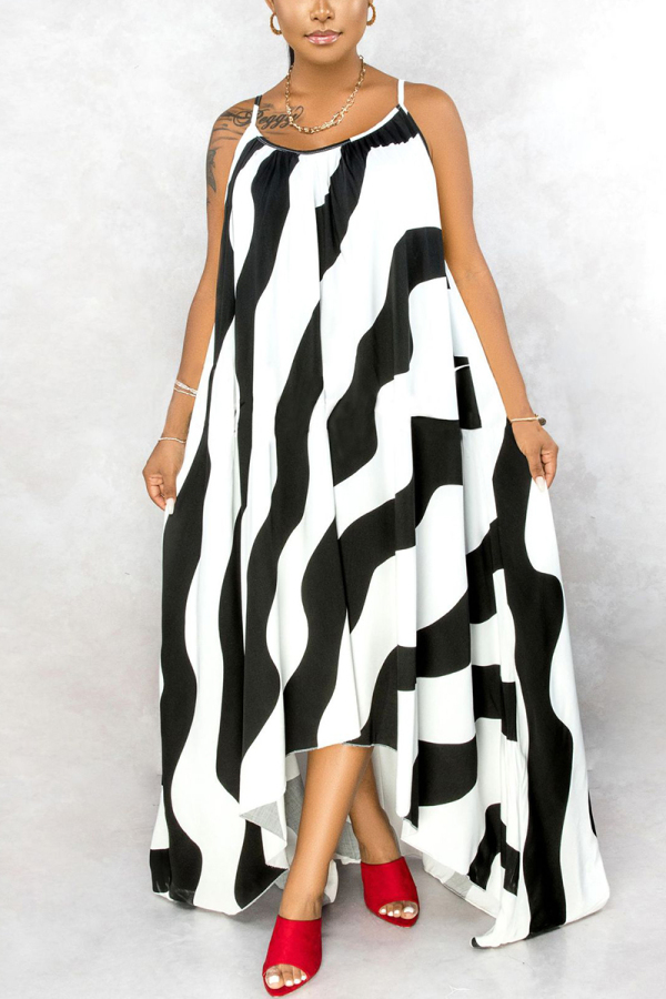 White Fashion Casual Plus Size Daily Spaghetti Strap Sleeveless Spaghetti Strap Sling Dress Floor Length Striped Dresses