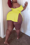 Yellow Fashion Sexy Plus Size Letter Print Slit Off the Shoulder Short Sleeve Dress