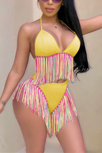 Yellow Euramerican Patchwork Tassel Fringed Milk Fiber Two-piece Swimwear