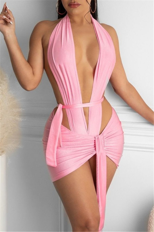 Pink Fashion Sexy Solid Hollowed Out Backless V Neck Sleeveless Two Pieces