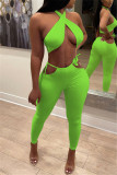 Green Fashion Sexy Solid Backless Halter Sleeveless Two Pieces