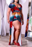 Rose Red Sexy Casual Print Slit V Neck Plus Size Two Pieces