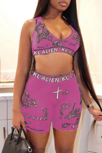 Pink Fashion Casual Print Basic V Neck Sleeveless Two Pieces